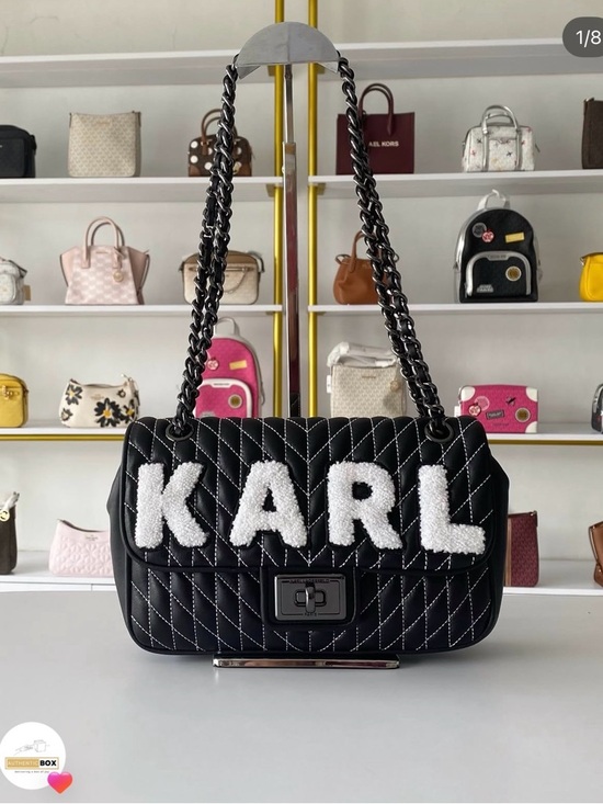 Karl Lagerfeld Handbags - Karl Lagerfeld Agyness Black Quilted Shoulder Bag with White 'KARL' Applique